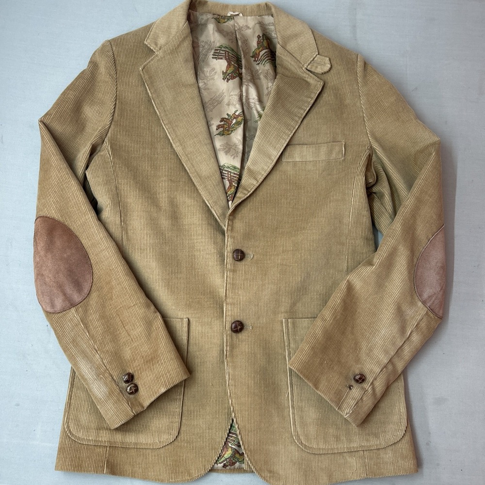 Jonathan Strong Men’s Tan Corduroy Blazer Jacket 40R? Hunting Print Lining 2 Btn